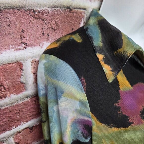 Vintage Essentials Milano Abstract Green Blouse – Women’s M 3/4 Sleeve Top - Picture 4 of 7